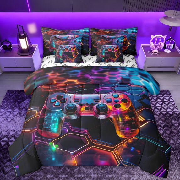 Manfei Game Console 7-Piece Bedding Comforter Set,Gamepad Gamer King Bedding Sets,Colorful Hexagon Bed Sheets For Kids,Super Cozy Room Decor Reversible