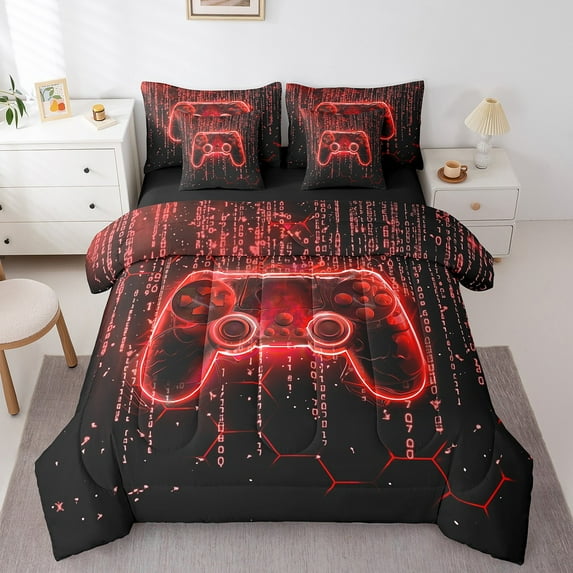 Manfei Game Console Bed in a Bag Full Size,Gamer Gaming Bed Set,Redblack Honeycomb Bedding Full Size,Breathable Bedroom Decorative Reversible,7 Pieces