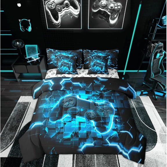Manfei Game Console Bed in a Bag Full size, Neon Blue Gamepad Bed Set, Modern Video Game Reversible Bedding Full Size, Ultra Soft Bedroom Decor, 7-Piece