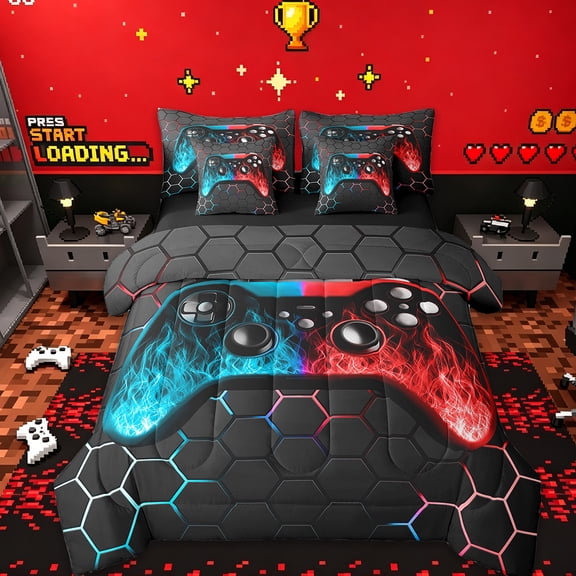 Manfei Game Console Bed in a Bag Twin Size,Gamer Gaming Bed Set,Blue Red Honeycomb Bedding Twin Size,Breathable Bedroom Decorative Reversible,7 Pieces