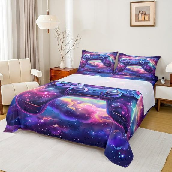 Manfei Game Console Bed Sheets,Colorful Galaxy Starry Sky King Sheets,Purple Pink Ombre Sheet Set For Kids,Super Cozy Room Decor,4pcs