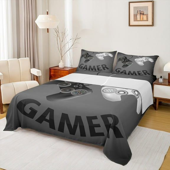 Manfei Game Console Bed Sheets,Gamer Gaming King Sheets,Gray Black Sheet Set For Boys,Breathable Bedroom Decorative,4pcs