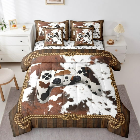 Manfei Game Console Bedding Comforter Set 7-Piece,Rustic Farmhouse Cowhide King Bedding Sets,Old Barn Door Bed Sheets For Teens,Breathable Bedroom Decorative,Reversible