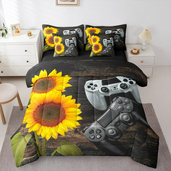Manfei Game Console Bedding Comforter Set 7 Pieces,Modern Video Game Full Bedding Set,Rustic Floral Sunflower Fitted Sheet Flat Sheet For Teens,Breathable Bedroom Decorative,Reversible
