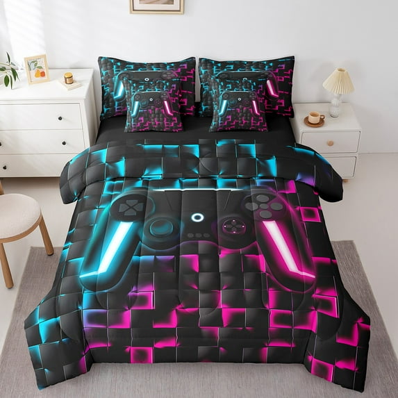 Manfei Game Console Bedding Comforter Set 7pcs,Gamer Gaming King Bedding Sets,Blue Pink Checkered Bed Sheets,Breathable Bedroom Decorative Reversible