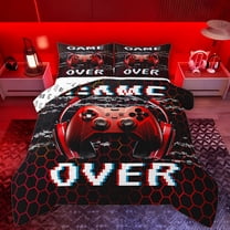 Manfei Game Console Bedding Comforter Set,Gamepad Gamer Twin Comforter Sets,Red Black Hexagon Bedding Set For Kids,Super Cozy Room Decor Reversible,2pcs