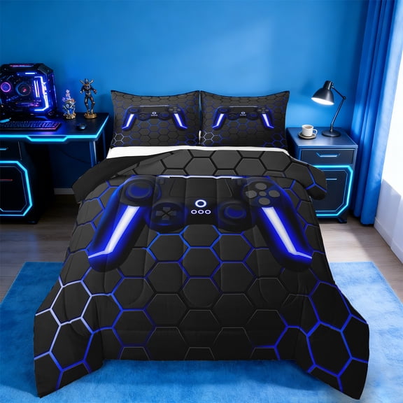 Manfei Game Console Bedding Comforter Set,Gamer Gaming Twin Comforter Sets,Blue Black Honeycomb Bedding Set,Breathable Bedroom Decorative Reversible,2pcs