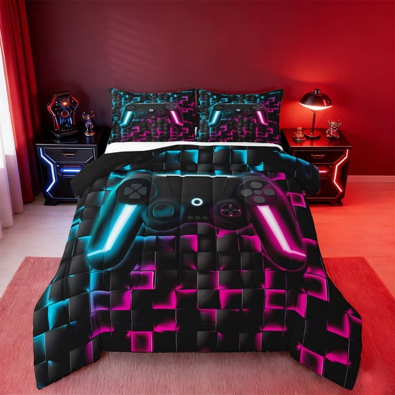 Manfei Game Console Bedding Comforter Set,Gamer Gaming Twin Comforter Sets,Blue Pink Checkered Bedding Set,Breathable Bedroom Decorative Reversible,2pcs