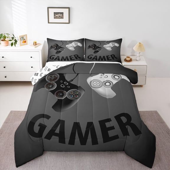 Manfei Game Console Bedding Comforter Set,Gamer Gaming Twin Comforter Sets,Gray Black Bedding Set For Boys,Breathable Bedroom Decorative Reversible,2pcs