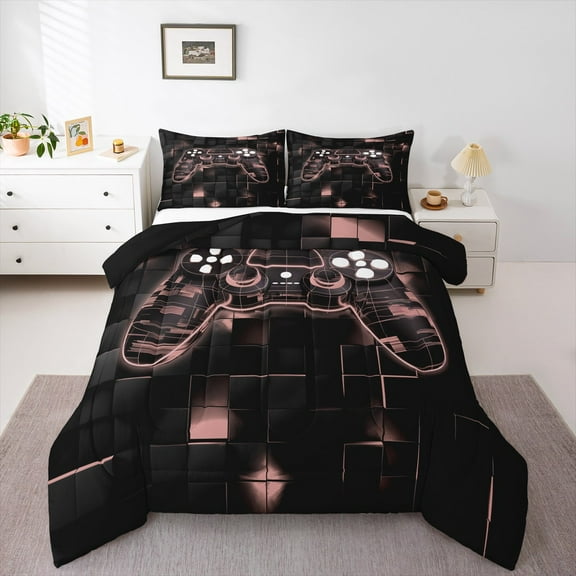 Manfei Game Console Bedding Comforter Set,Gamer Gaming Twin Comforter Sets,Pink Black Buffalo Bedding Set,Breathable Bedroom Decorative Reversible,2 Pieces