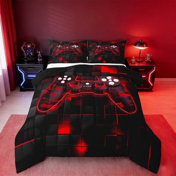 Manfei Game Console Bedding Comforter Set,Gamer Gaming Twin Comforter Sets,Red Black Grid Bedding Set,Breathable Bedroom Decorative Reversible,2-Piece