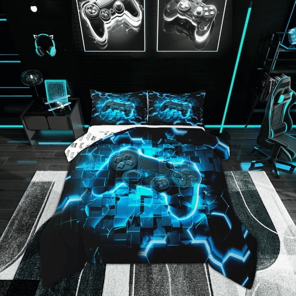 Manfei Game Console Bedding Twin Comforter Set, Neon Blue Gamepad Down Comforter, Modern Video Game Reversible Duvet Insert, Ultra Soft Bedroom Decor, 2-Piece