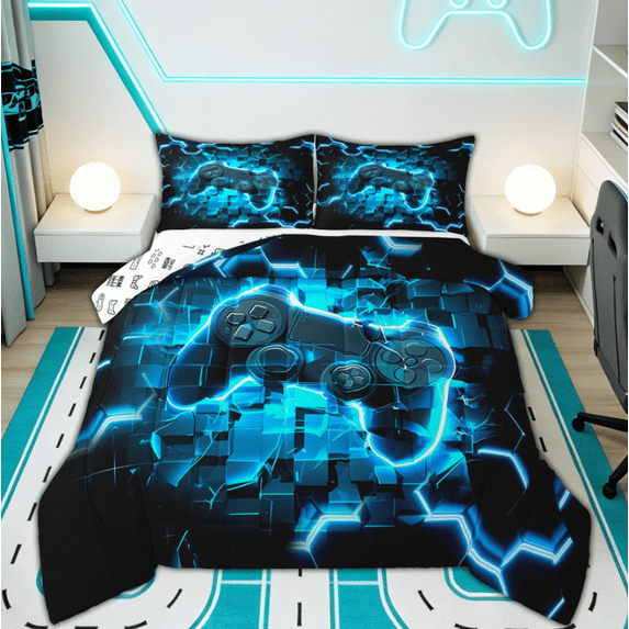 Manfei Game Console Bedding Twin Comforter Set for Boys Kids, Modern Video Game Bedding Sets, Neon Blue, Gamepad Reversible, 2-Piece