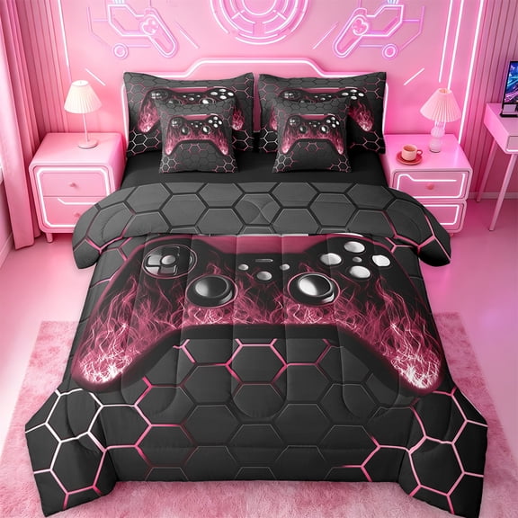 Manfei Game Console Bedding Twin Size,Gamer Gaming Comforter Sets with Sheets,Black Red Honeycomb Bedding Sets Twin Size,Breathable Bedroom Decorative Reversible,7pcs