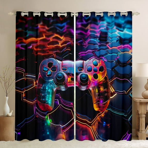 Manfei Game Console Blackout Curtains Set of 2 (52x84 Each),Gamepad Gamer Window Curtains,Colorful Hexagon Curtains and Drapes For Kids,Super Cozy Room Decor