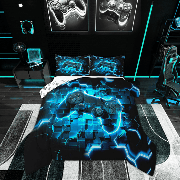 Manfei Game Console Comforter Sets, Neon Blue Gamepad Comforters & Duvets, Modern Video Game Reversible Bedding Comforter Set, Ultra Soft Bedroom Decor, 2-Piece