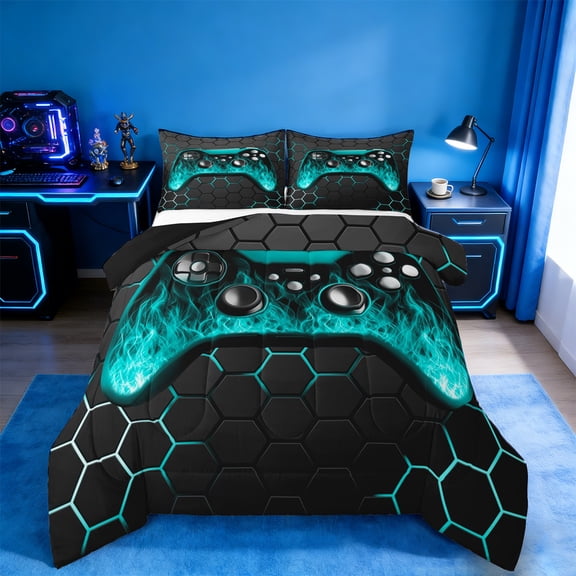 Manfei Game Console Comforter Sets Twin Size,Gamer Gaming Comforters & Duvets,Cyan Geometric Geometric Bedding Twin Comforter Set,Breathable Bedroom Decorative Reversible,2-Piece