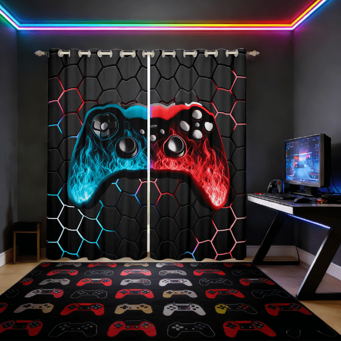 Manfei Game Console Curtains and Drapes (38x45),Gamer Gaming Blackout Curtains for Bedroom,Blue Red Honeycomb Curtains Pack of 2 (38x45),Breathable Bedroom Decorative