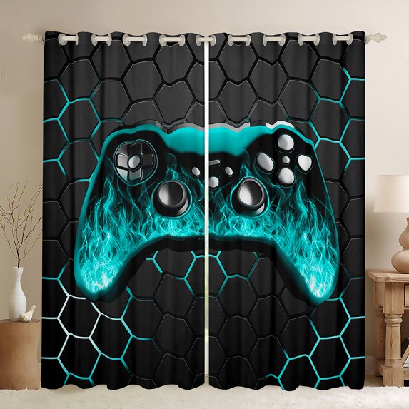 Manfei Game Console Curtains and Drapes (52x63),Gamer Gaming Blackout Curtains for Bedroom,Cyan Geometric Geometry Curtains Pack of 2 (52x63),Breathable Bedroom Decorative