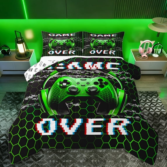 Manfei Game Console Full Size Comforter Sets,Kids Gamepad Controller Bedding Comforter Set,Green Black Bedding Sets For Teens,Microfiber Bedroom Decor Reversible,3 Pieces