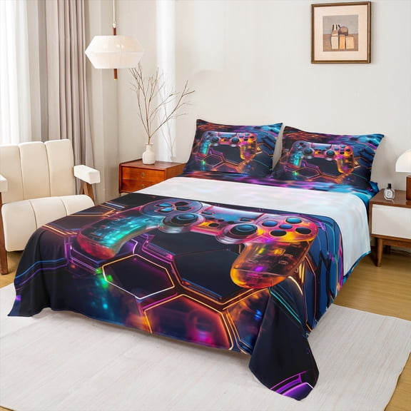 Manfei Game Console Full Size Sheets,Gamepad Gamer Bed Sheets,Colorful Hexagon Sheet Sets For Kids,Super Cozy Room Decor,4 Pieces
