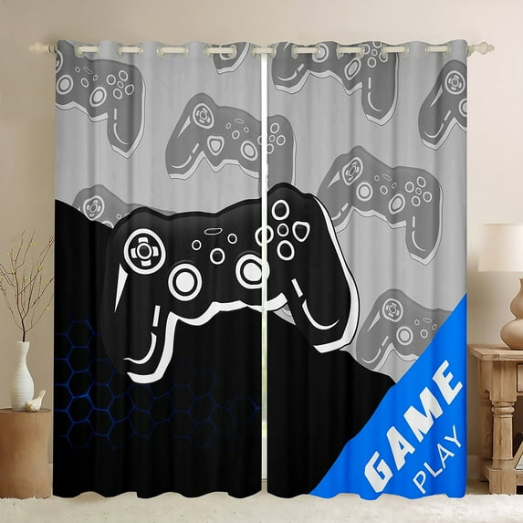 Manfei Game Console Print Curtains Pack of 2 (42x84 Each), Black Grey Blue Curtains Blackout, Video Gaming Player Bedroom Curtains, Curtains and Drapes Bedroom Decor