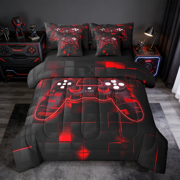 Manfei Game Console Twin Bedding Sets 7-Piece,Gamer Gaming Bedding Comforter Set 7-Piece,Red Black Grid Sheet Sets,Breathable Bedroom Decorative Reversible