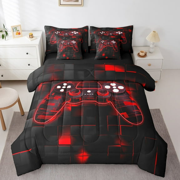 Manfei Game Console Twin Bedding Sets 7-Piece,Gamer Gaming Bedding Comforter Set 7-Piece,Red Black Grid Sheet Sets,Breathable Bedroom Decorative Reversible