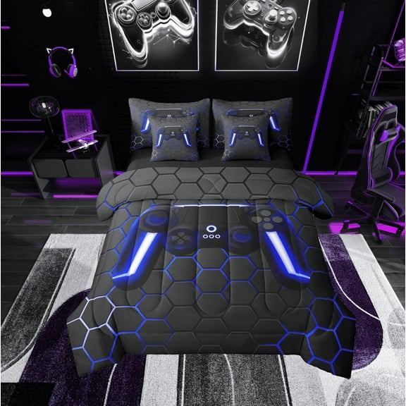 Manfei Game Console Twin Bedding Sets 7pcs,Gamer Gaming Bedding Comforter Set 7pcs,Blue Black Honeycomb Sheet Sets,Breathable Bedroom Decorative Reversible