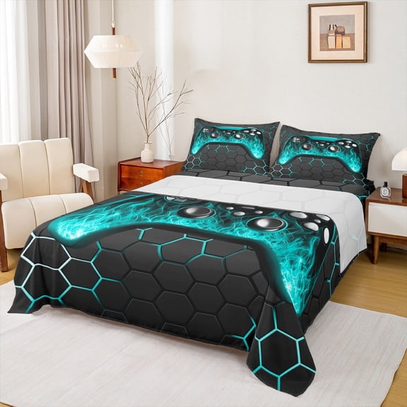 Manfei Game Console Twin Sheet Sets,Gamer Gaming Bedding Twin Size,Cyan Geometric Geometric Bed Sheets Set Twin Size,Breathable Bedroom Decorative,3-Piece