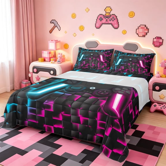 Manfei Game Console Twin Sheet Sets,Gamer Gaming Twin Fitted Sheet,Blue Pink Checkered Flat Sheet,Breathable Bedroom Decorative,3pcs