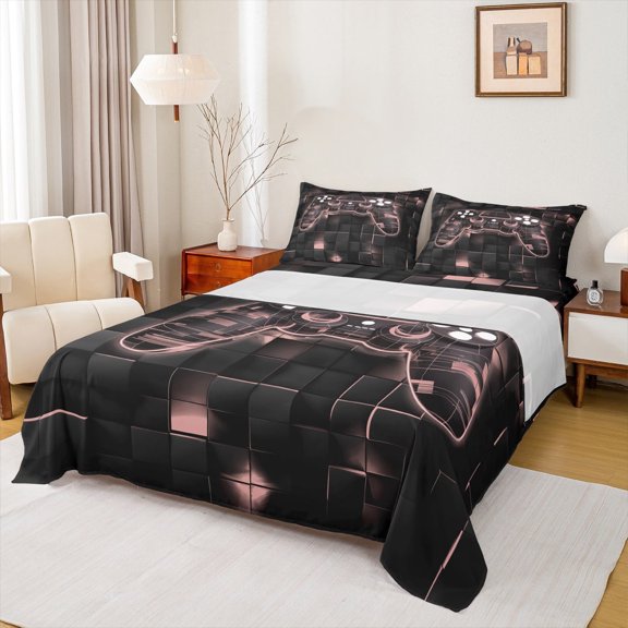Manfei Game Console Twin Sheet Sets,Gamer Gaming Twin Fitted Sheet,Pink Black Buffalo Flat Sheet,Breathable Bedroom Decorative,3 Pieces