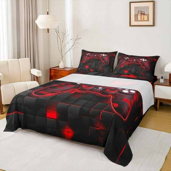 Manfei Game Console Twin Sheet Sets,Gamer Gaming Twin Fitted Sheet,Red Black Grid Flat Sheet,Breathable Bedroom Decorative,3-Piece