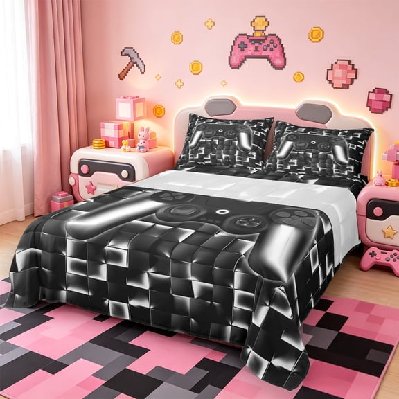 Manfei Game Console Twin Sheet Sets,Gamer Gaming Twin Fitted Sheet,Silver Black Checkered Flat Sheet,Breathable Bedroom Decorative,3 Pieces