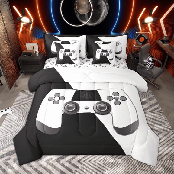 Manfei Game Controller Bedding Comforter Set, Teens Gamer Gaming King Bedding Sets, Black White Gray Bed Sheets Breathable Home Decor Reversible 7 Pieces