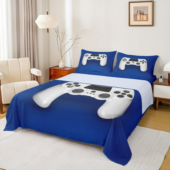 Manfei Game Controller Twin Sheet Sets, Teens Gamer Gaming Twin Fitted Sheet, Blue White Flat Sheet Breathable Home Decor3 Pieces