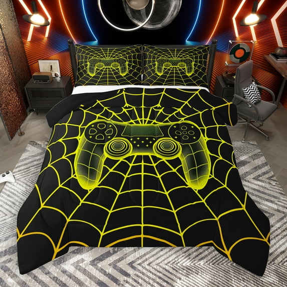 Manfei Game Full Size Comforter Sets,Blue Gamepad Controller Bedding Comforter Set,Yellow Black Bedding Sets For Boy,Microfiber Room Decor Reversible,3pcs