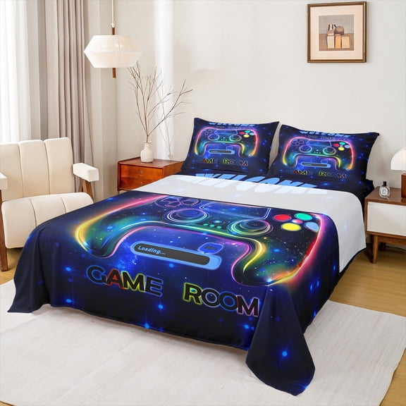 Manfei Game Full Size Sheets,Multicolor Gamepad Controller Bed Sheets,Galaxy Starry Night Sheet Sets For Boy,Microfiber Room Decor,4-Piece