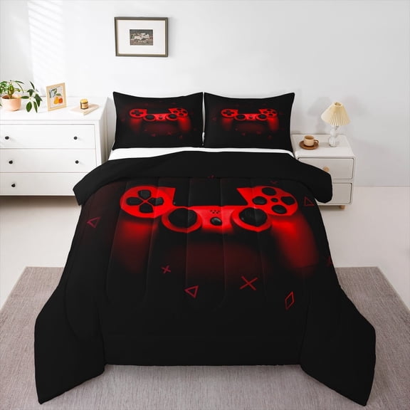 Manfei Game Repeat Bedding Comforter Set for Teen, Black Red Game Console Twin Comforter Sets, Cartoon Gamepad Gaming Reversible Bedding Set, Microfiber Bedroom Decor, 2 Pieces