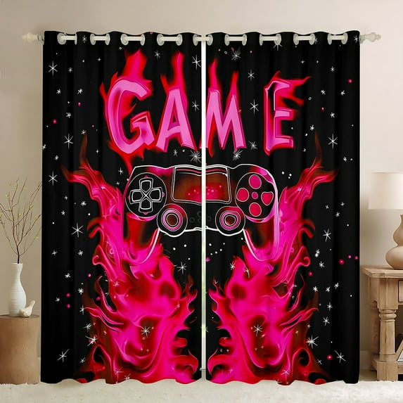 Manfei Game Repeat Blackout Curtains Set of 2 (52x84 Each) for Teen, Black Pink Game Console Window Curtains, Cartoon Flame Gamepad Curtains and Drapes, Window Curtains Bedroom Decor