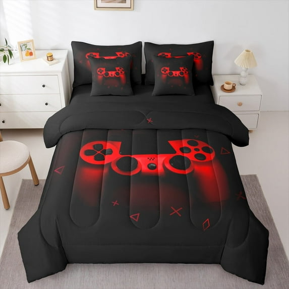 Manfei Game Repeat Twin Bedding Sets 7-Piece for Teen, Black Red Game Console Bedding Comforter Set, Cartoon Gamepad Gaming Reversible Sheet Sets, Microfiber Bedroom Decor