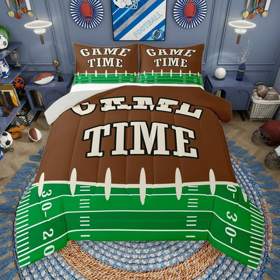 Manfei Game Time Bedding Comforter Set,Boy Ball Sport Twin Comforter Sets,Green Brown Beige Bedding Set For Kids,Luxury Bedroom Decor Reversible,2-Piece