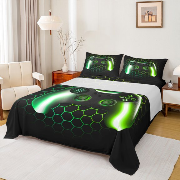 Manfei Game Twin Sheet Sets,Kids Gamepad Controller Twin Fitted Sheet,Green Geometric Hexagon Flat Sheet For Boy,Microfiber Room Decor,3pcs