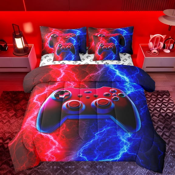 Manfei Gamepad 7pcs Bedding Comforter Set,Console Game Lovers Queen Bedding Sets,Red Blue Lightning Queen Sheet Sets For Boy,Breathable Home Decor Reversible