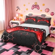 Manfei Gamepad Bed Sheets Twin,Modern Geometric Honeycomb Bedding Twin Size,Neon Red Black Sheet Set Twin For Boys Kids,Super Cozy Bedroom Decor,3-Piece