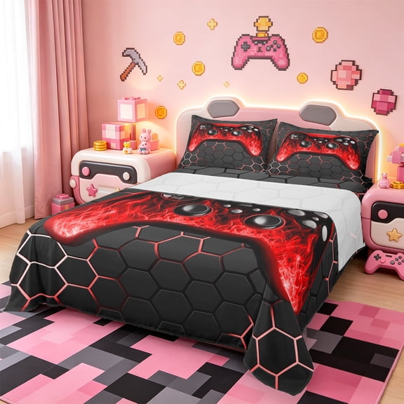 Manfei Gamepad Bed Sheets Twin,Modern Geometric Honeycomb Bedding Twin Size,Neon Red Black Sheet Set Twin For Boys Kids,Super Cozy Bedroom Decor,3-Piece