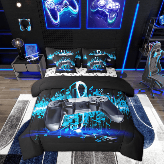 Manfei Gamepad Bedding Sets Queen Size for Teens, Neon Musical Note Bed in a Bag Queen size, Black Blue Reversible Comforter Sets with Sheets, Microfiber Bedroom Decor, 7-Piece