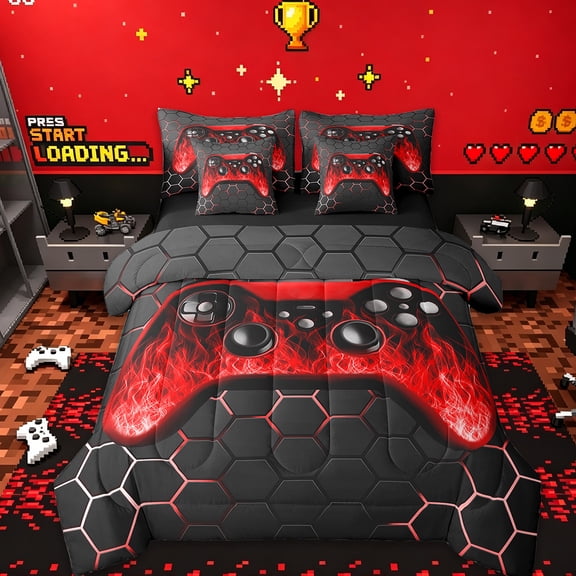 Manfei Gamepad Bedding Sets Twin Size,Modern Geometric Honeycomb Comforter Sets with Sheets,Neon Red Black Bed in a Bag Twin Size For Boys Kids,Super Cozy Bedroom Decor Reversible,7-Piece