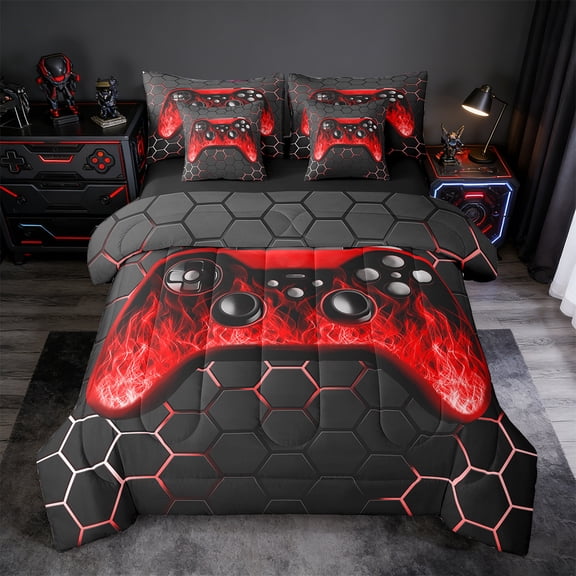 Manfei Gamepad Bedding Sets Twin Size,Modern Geometric Honeycomb Comforter Sets with Sheets,Neon Red Black Bed in a Bag Twin Size For Boys Kids,Super Cozy Bedroom Decor Reversible,7-Piece