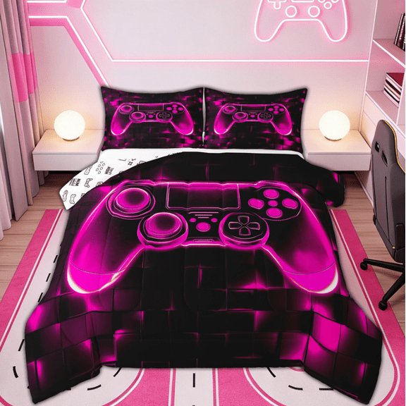 Manfei Gamepad Bedding Twin Comforter Set for Boys Kids, Hot Pink Square Bedding Sets, Game Console Reversible, 2pcs